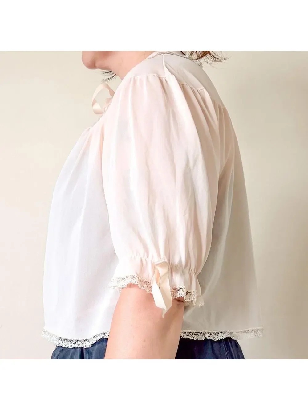 Fairycore Vintage Top Coquette Lace Sheer Bow Delicate Sleep Jacket Nightie
